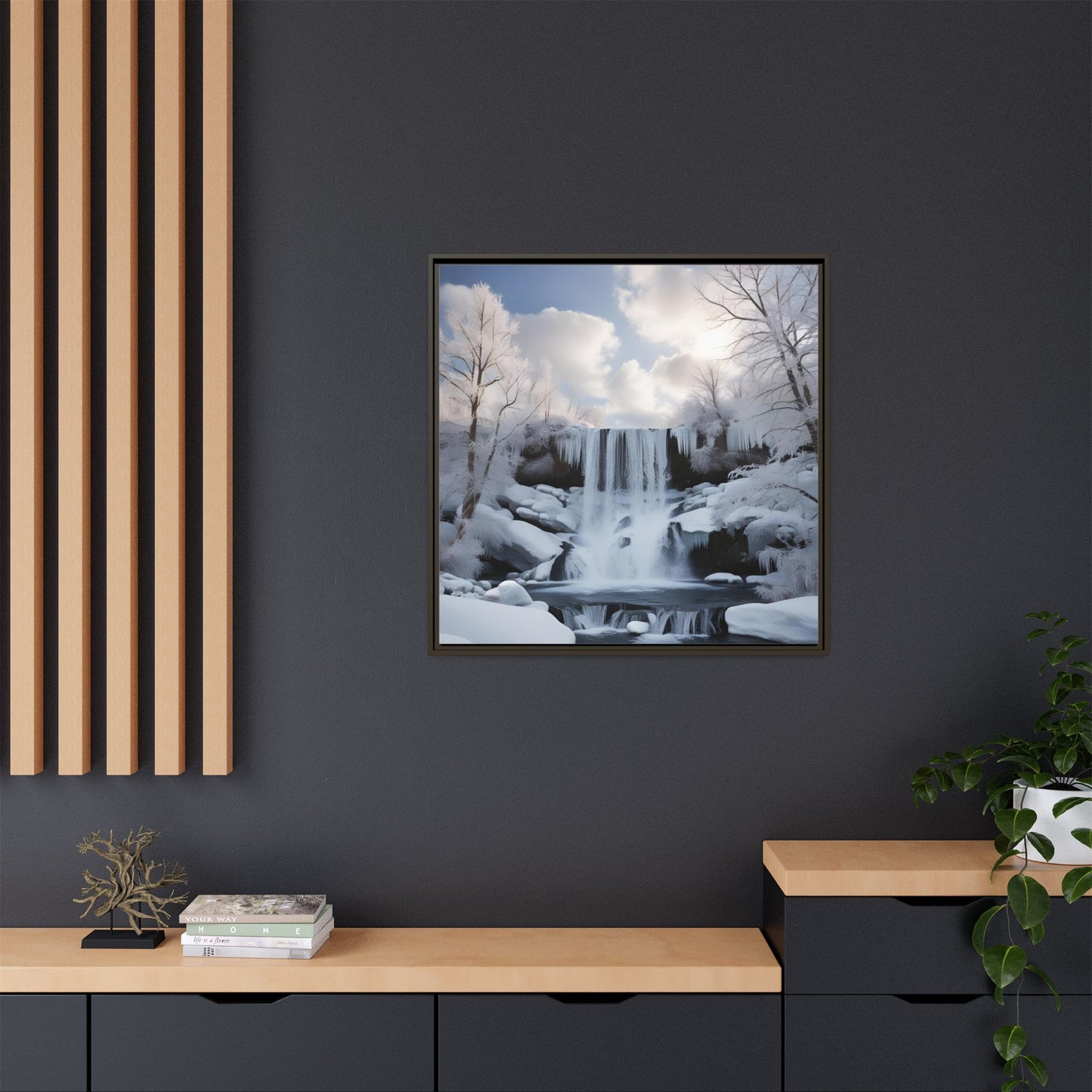 Modern Snowy Waterfall Design Unique Framed Canvas Wall Art Winter Scene Nature Lover Gift Mountain Landscape Decor Gift 3 frame colors