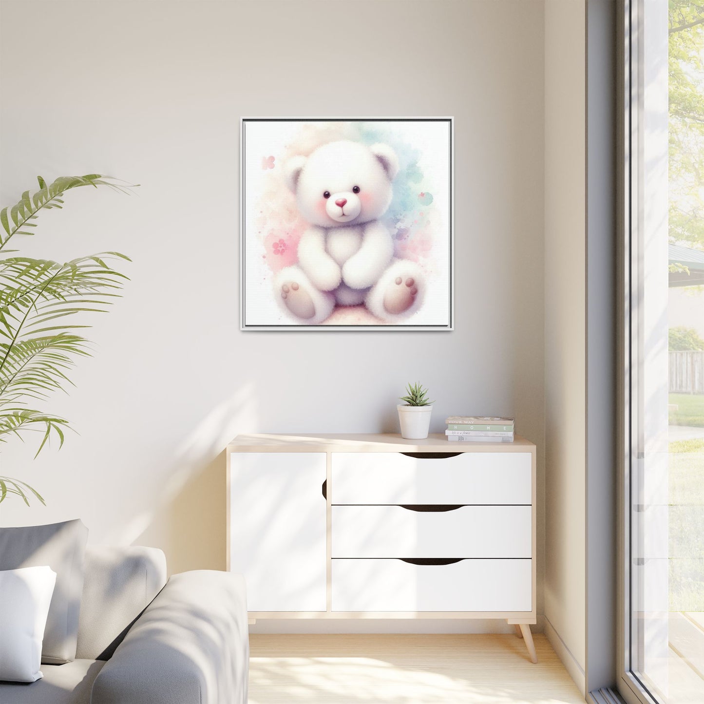 Whimsical Nursery Decor Pastel Floral Teddy Bear Design Wall Art Unique Sweet Baby Room Framed Canvas Print Unisex Baby Shower Gift