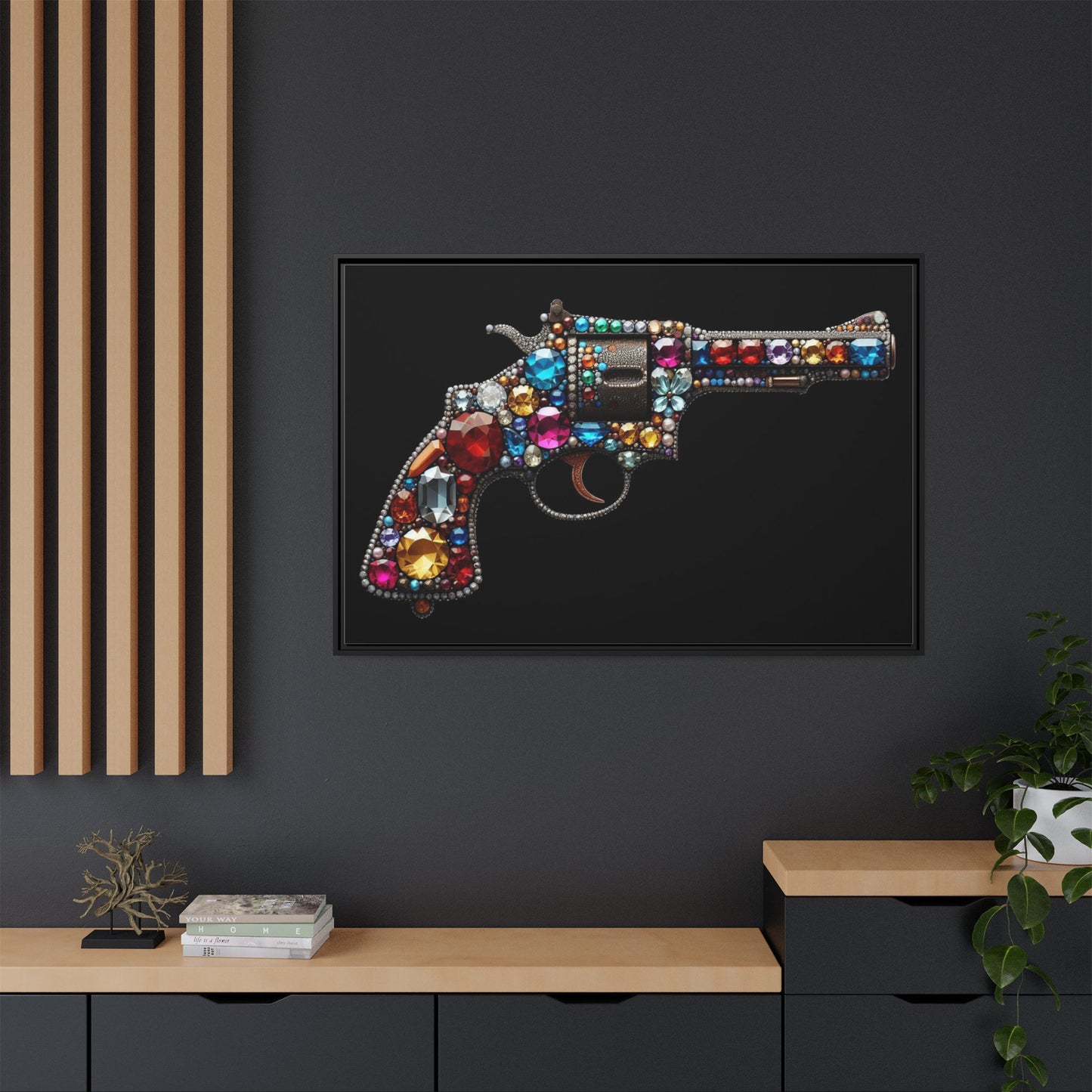 Bejeweled Revolver Print AI Design Unique Framed Canvas Print Wall Art Gun Lover Gift Edgy Glam Fantasy Weapon Decor 3 frame colors