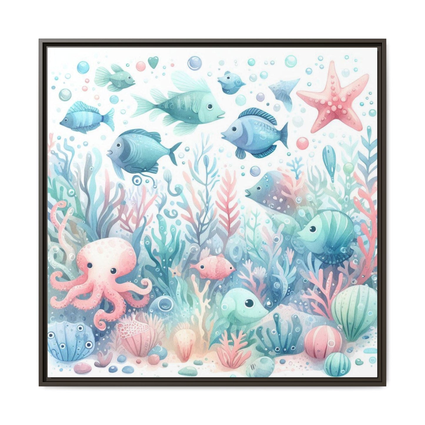 Whimsical Nursery Decor Pastel Underwater Design Unique Sweet Baby Room Framed Canvas Ocean Fish Print Unisex Baby Shower Octopus Gift