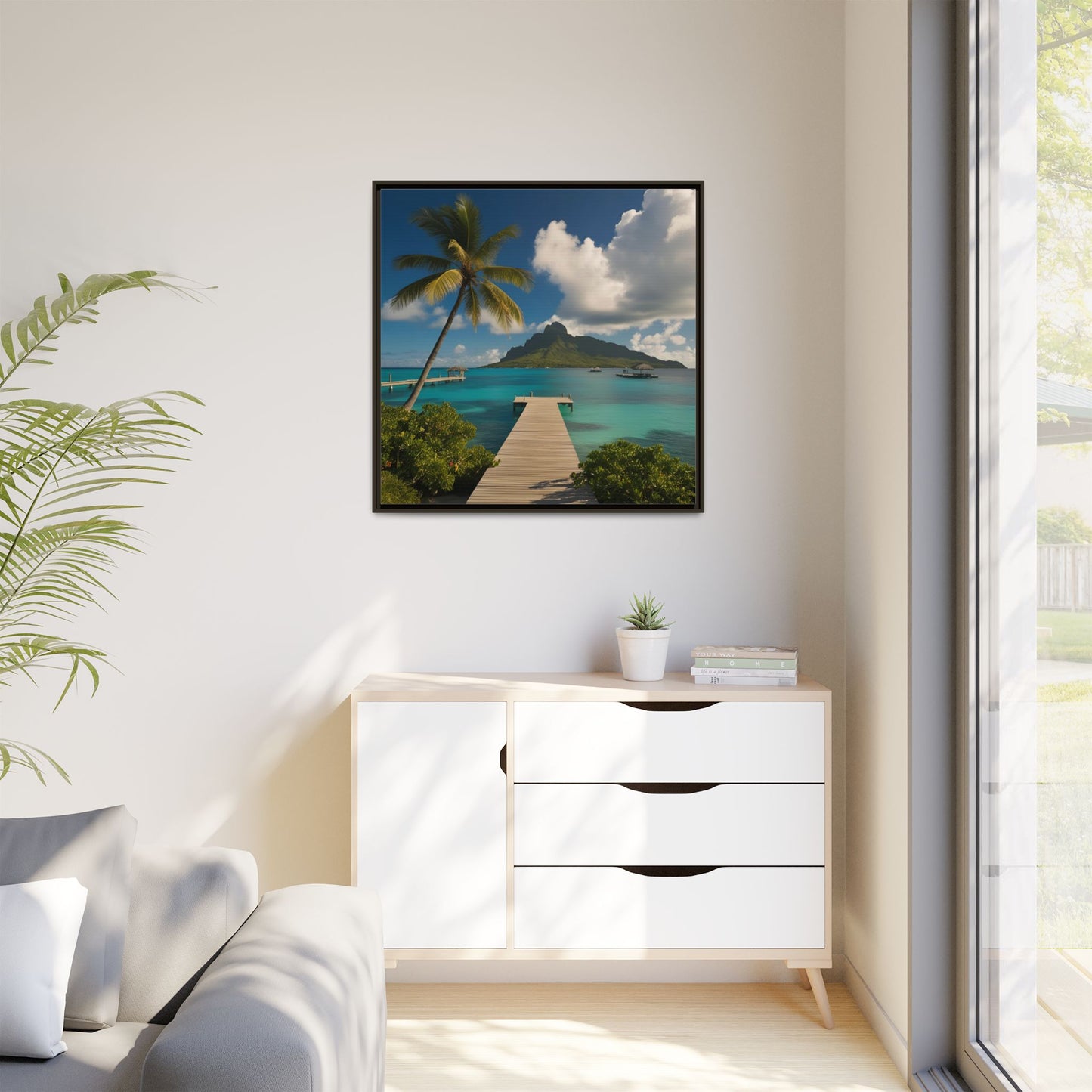 Tropical Island Calm Sunny Day Framed Canvas Wall Art Volcano Beach Vacation Oceanic Gift Nature Lover Peaceful Zen Gift 3 frame colors