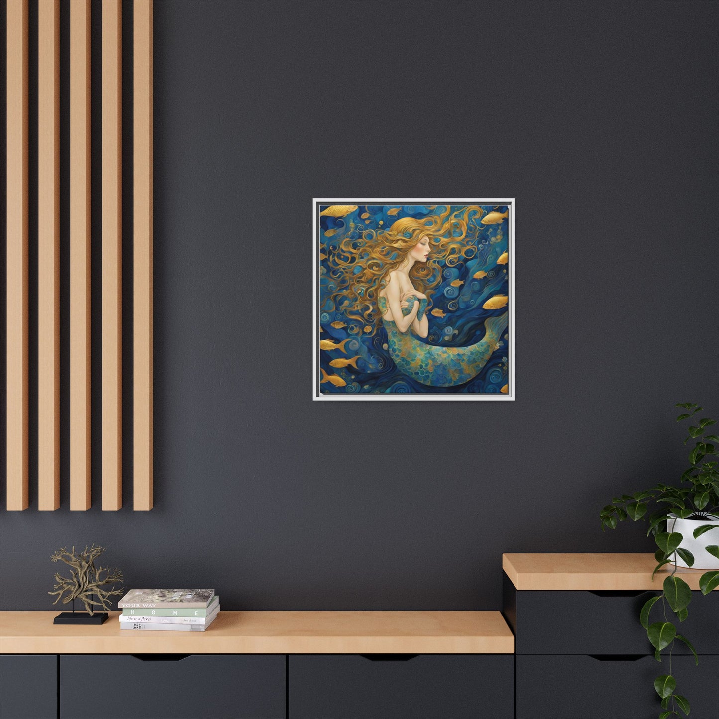Modern Abstract Mermaid Design Unique Framed Canvas Oceanic Wall Art Underwater Gold Fish Anime Gift Nature Lover Gift 3 frame colors