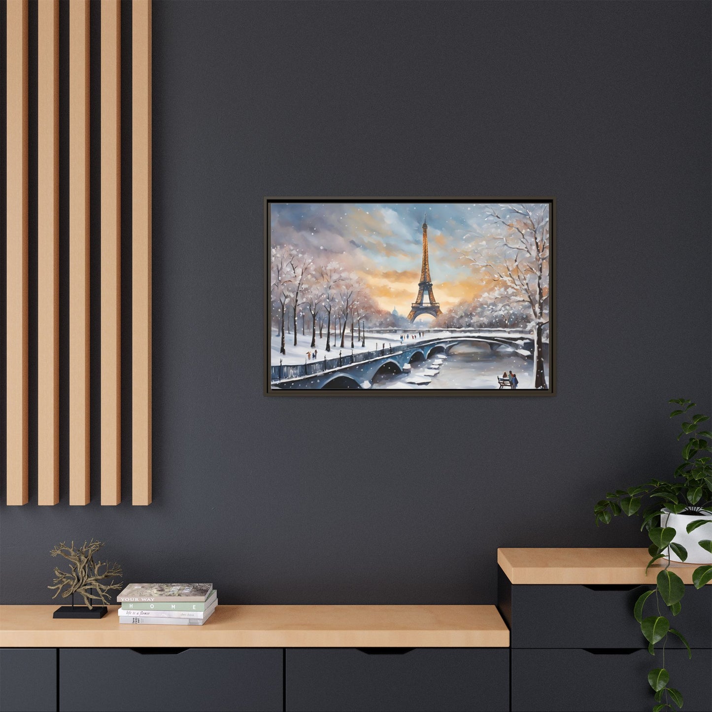 Eiffel Tower in Winter Print Wall Art Matte Stretched Canvas Paris Lover Gift Winter in France, 3 frame colors to choose from