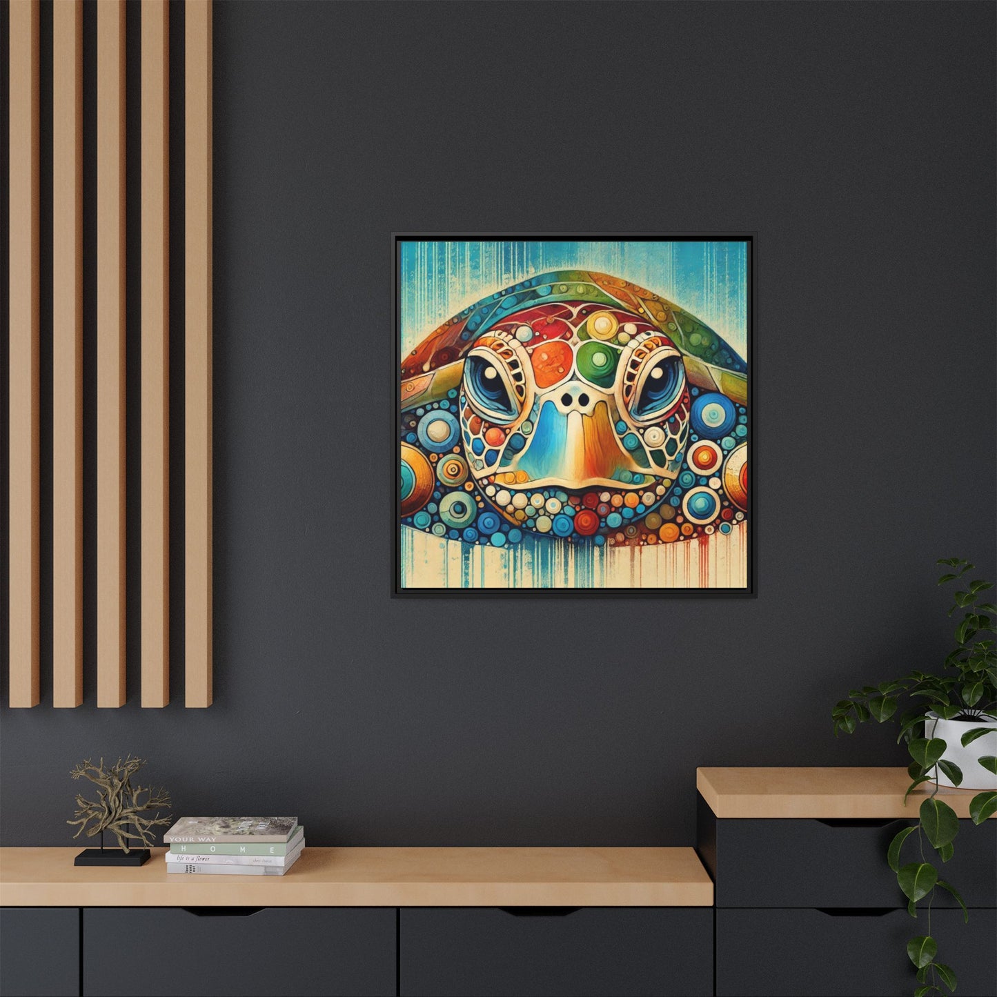 Modern Sea Turtle Print Abstract Design Unique Framed Canvas Print Oceanic Beachy Wall Art Animal Lover Nature Lover Decor 3 frame colors