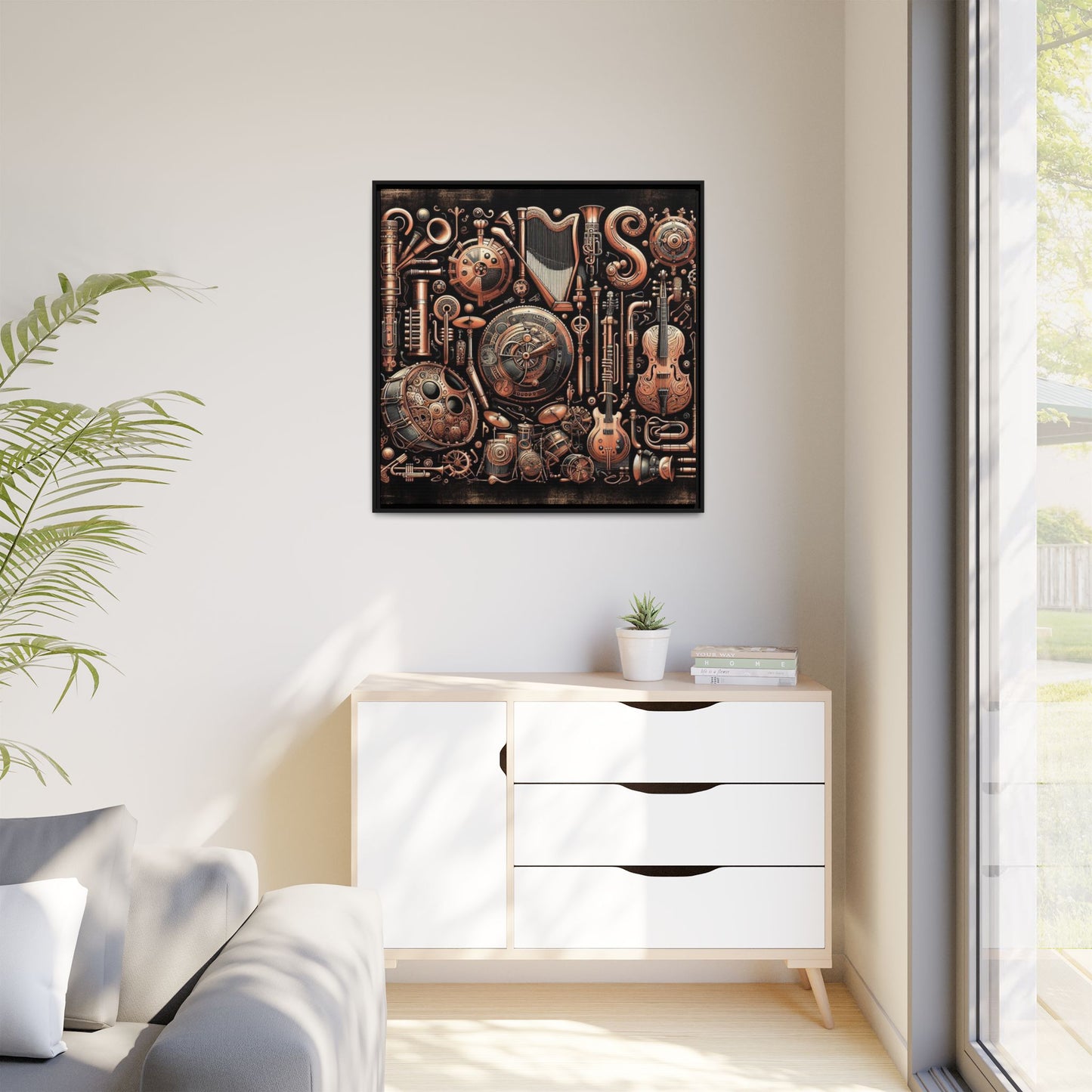 Modern Music-Themed Steampunk Style Print Abstract Design Unique Framed Canvas Print Wall Art Music Lover Gift Decor 3 frame colors