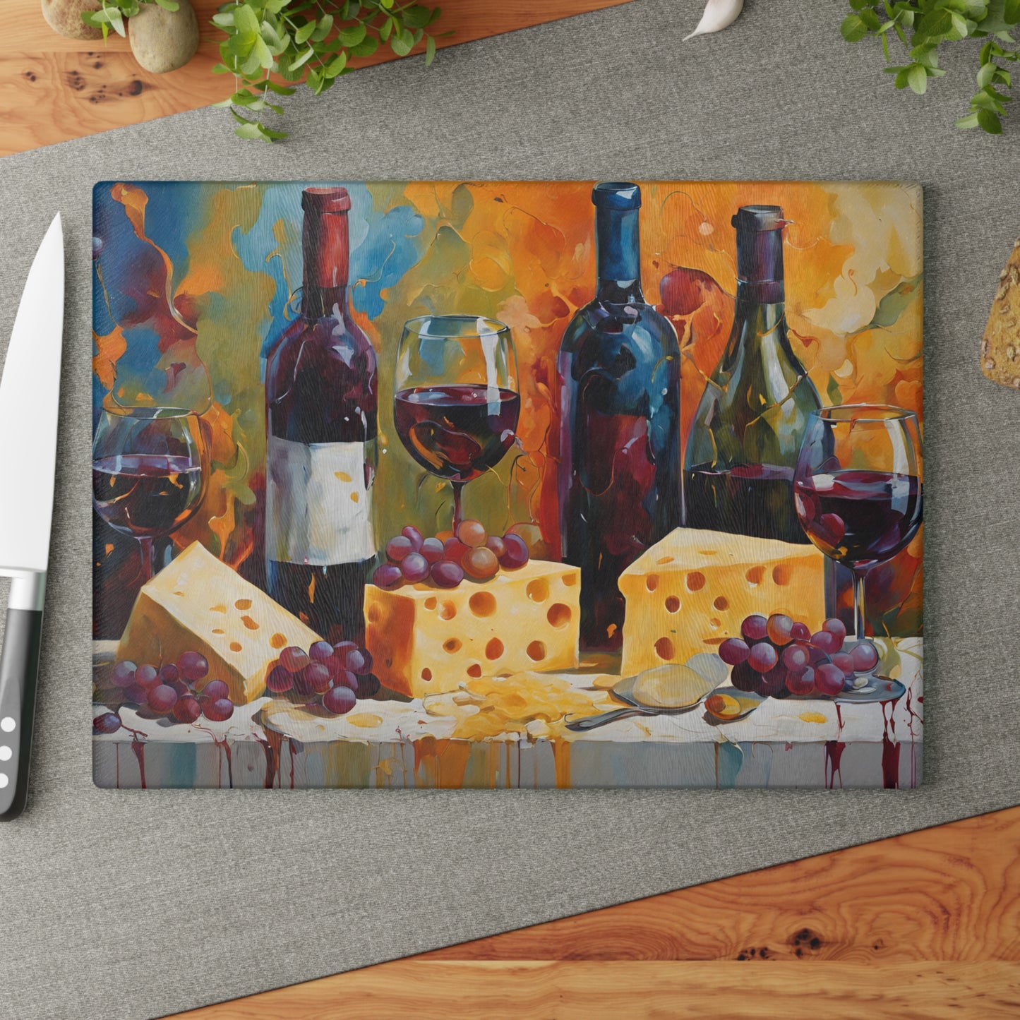 Kitchen Decor Glass Cutting Board Serving Tray with Wine and Cheese Design Cutting Board Gift for Home Cook Charcuterie Board