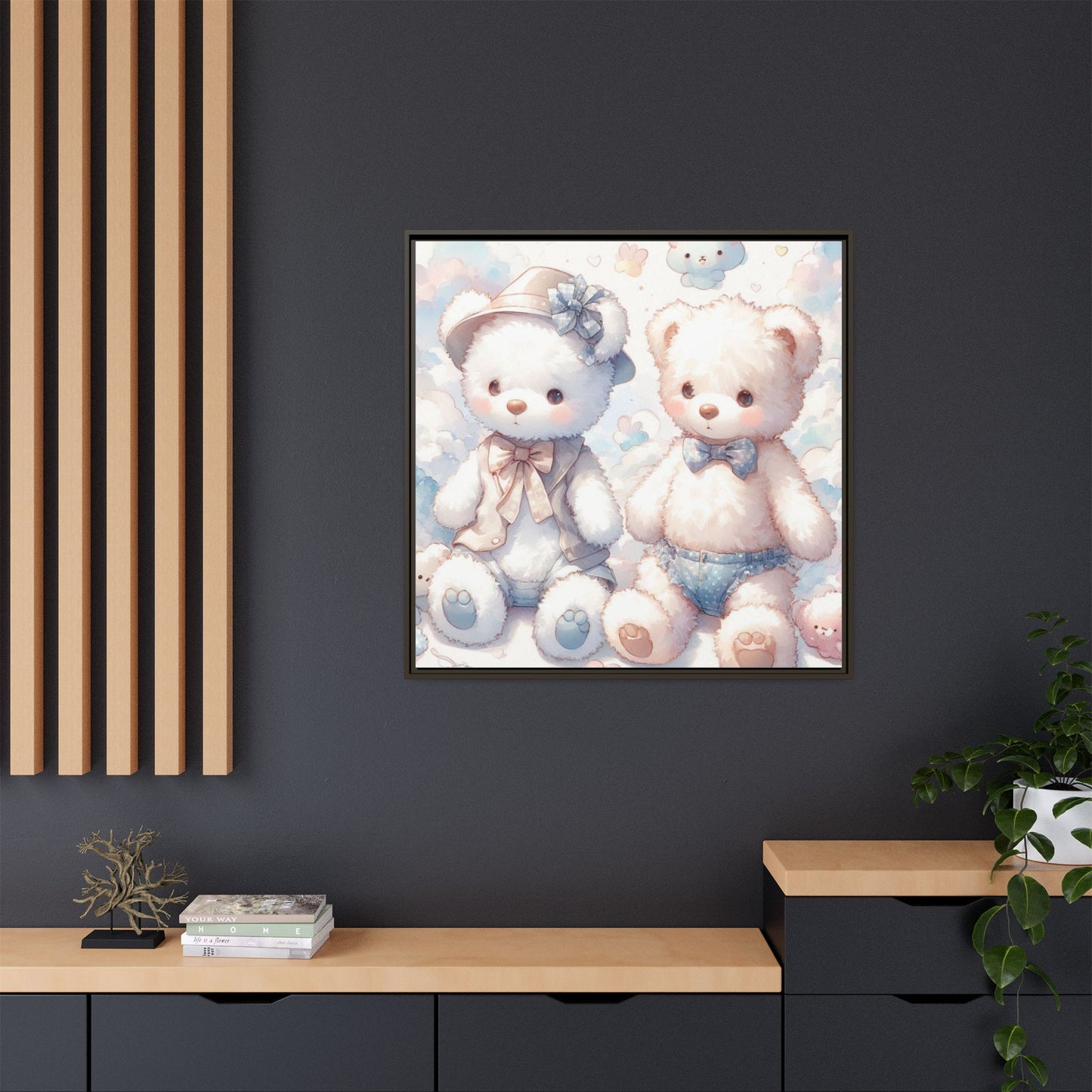 Whimsical Nursery Decor Pastel Floral Teddy Bear Design Wall Art Unique Sweet Baby Room Framed Canvas Print Unisex Baby Shower Gift
