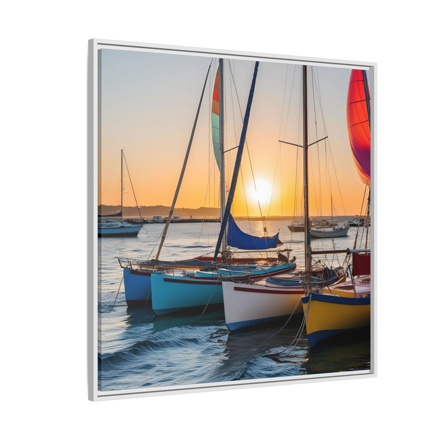Sailboats at Sunset in Harbor Framed Canvas Wall Art Beach Lover Vacation Oceanic Gift Nature Lover Peaceful Zen Sunrise Art 3 frame colors