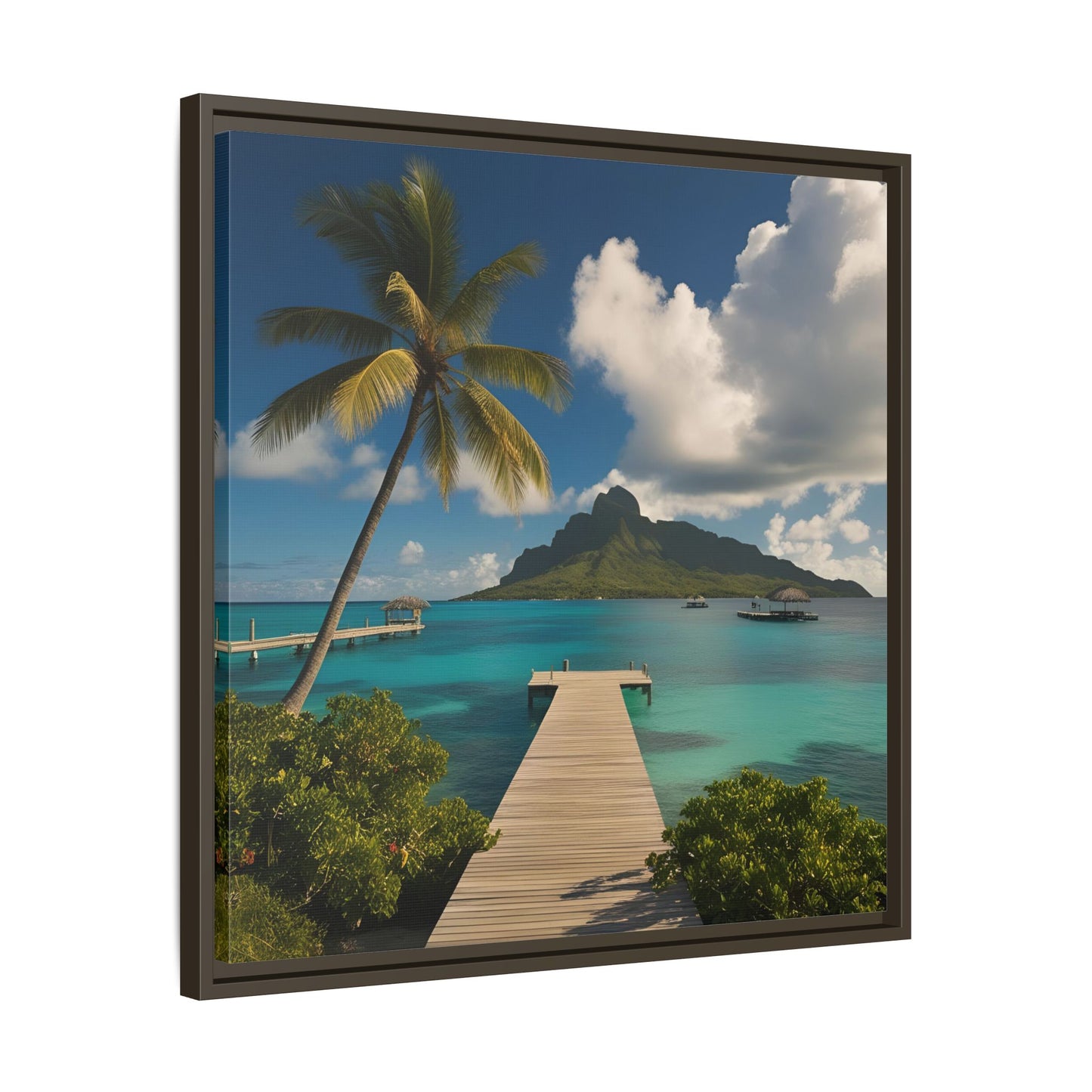 Tropical Island Calm Sunny Day Framed Canvas Wall Art Volcano Beach Vacation Oceanic Gift Nature Lover Peaceful Zen Gift 3 frame colors