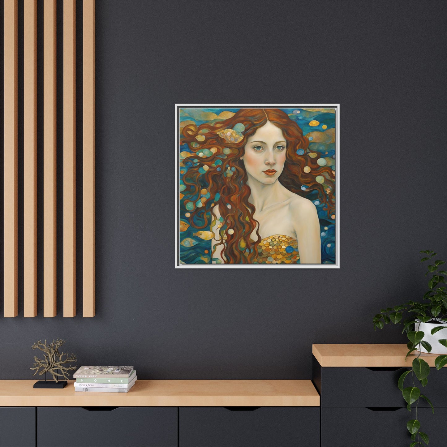 Modern Abstract Mermaid Design Unique Framed Canvas Oceanic Wall Art Underwater Gold Fish Anime Gift Nature Lover Gift 3 frame colors