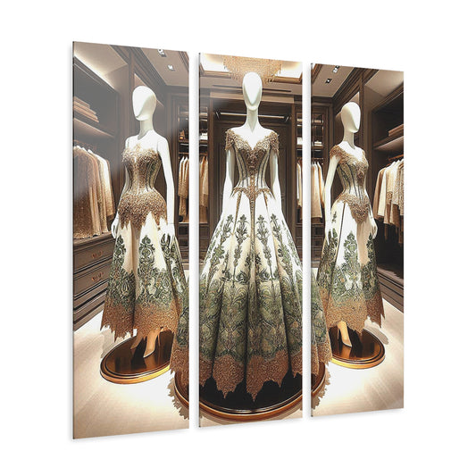Fashion Formal Runway Damask Design Dress Triptych 3-Panel Acrylic Print Wall Art Unique Haute Couture Fashionista Vintage Style Decor