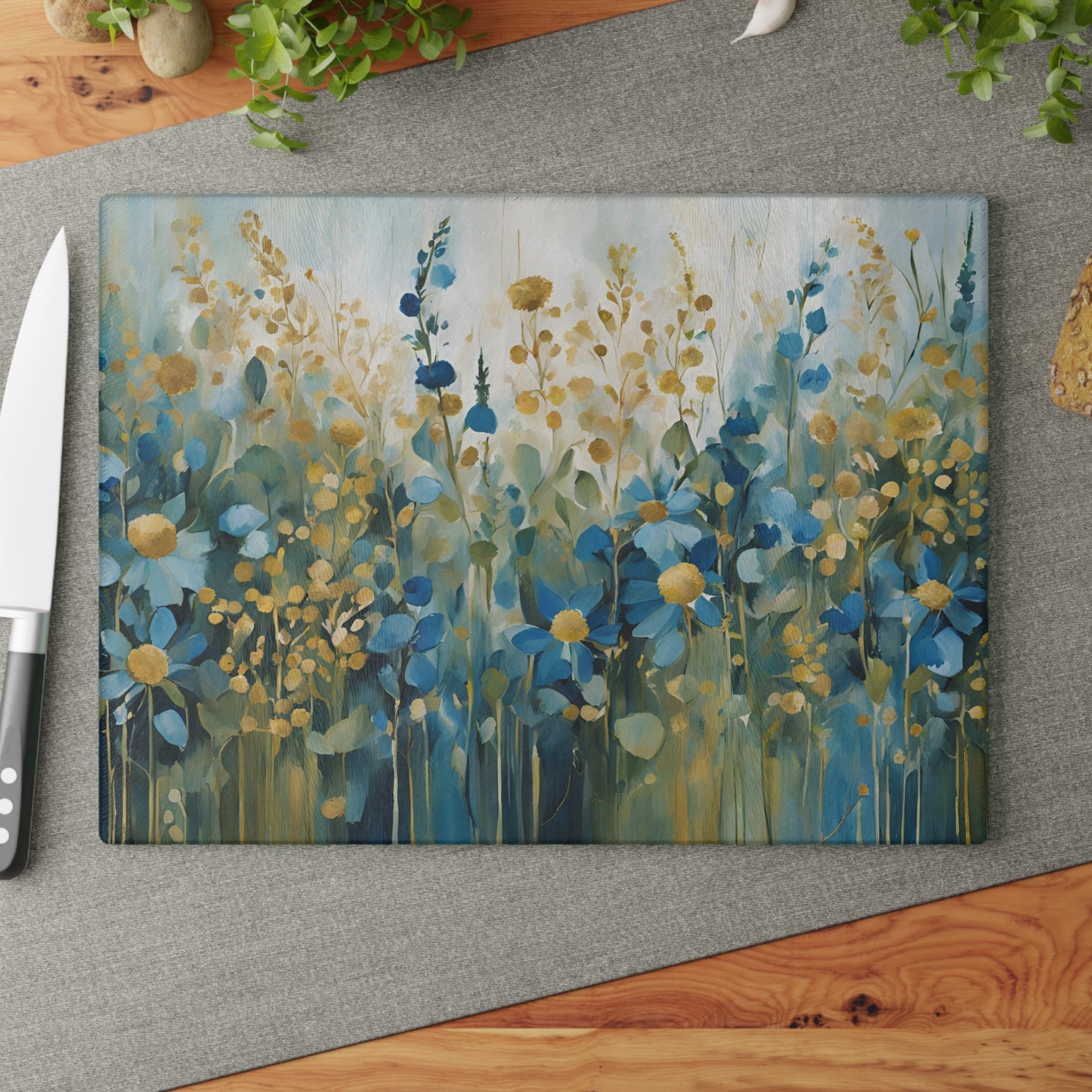 Kitchen Decor Glass Cutting Board Serving Tray with Field of Flowers Pattern Cutting Board Gift for Home Cook Charcuterie Board
