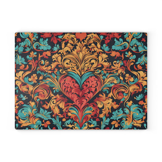 Kitchen Decor Glass Cutting Board Serving Tray with Heart Design Retro Damask Pattern Cutting Board Gift for Home Cook Charcuterie Board
