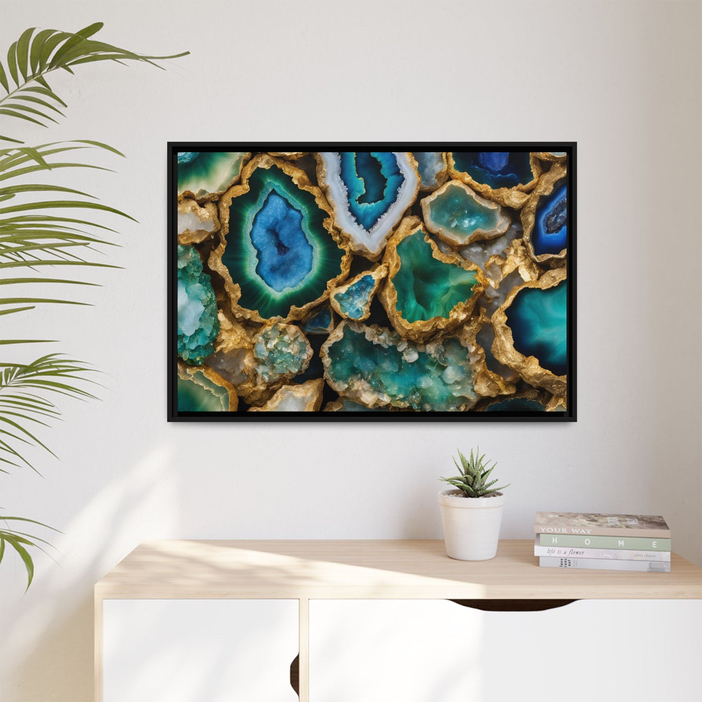 Blue, Green and Gold Quartz Crystal Geode Design Print Matte Canvas Wall Art Nature Lover Gift Geology Rock Lover Gift 3 frame color choices