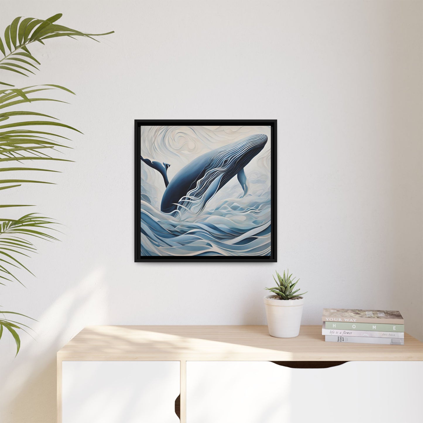 Modern Abstract Whale Wave Design Unique Framed Canvas Wall Art Ocean Beach Gift Nature Lover Gift Underwater Sea Lover Gift 3 frame colors