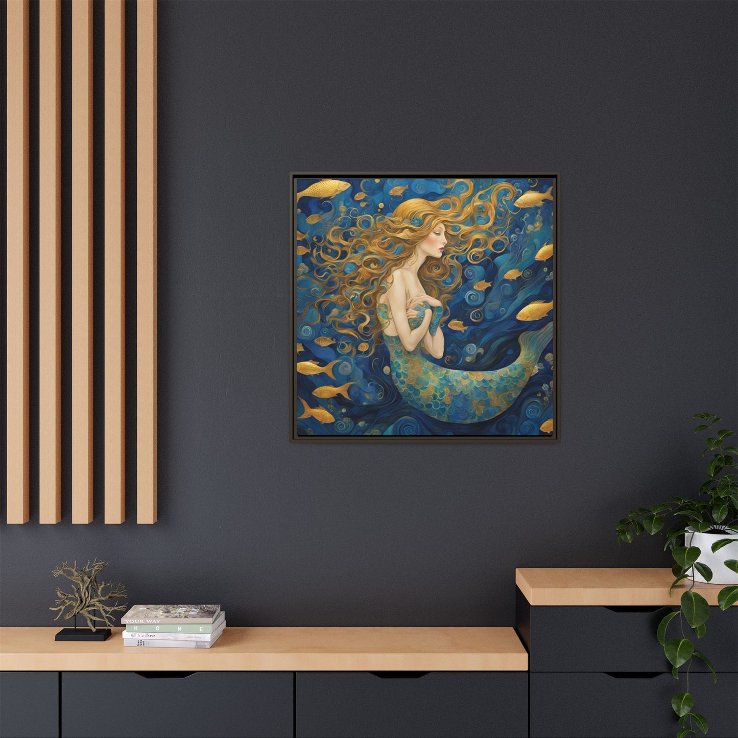 Modern Abstract Mermaid Design Unique Framed Canvas Oceanic Wall Art Underwater Gold Fish Anime Gift Nature Lover Gift 3 frame colors