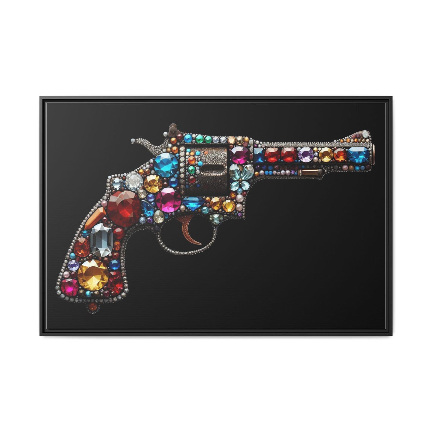 Bejeweled Revolver Print AI Design Unique Framed Canvas Print Wall Art Gun Lover Gift Edgy Glam Fantasy Weapon Decor 3 frame colors