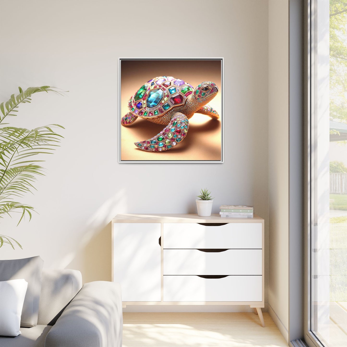 Bejeweled Turtle Framed Canvas Print Wall Art Unique Fashion Designer Haute Couture Fashionista Animal Lover Gift Decor 3 Frame Colors