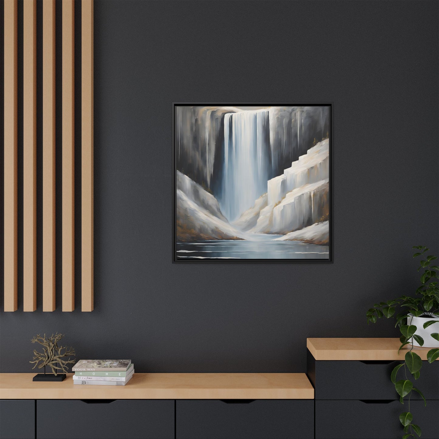 Modern Abstract Waterfall Design Unique Framed Canvas Wall Art Ocean Beach Gift Nature Lover Gift Mountain Landscape Gift 3 frame colors