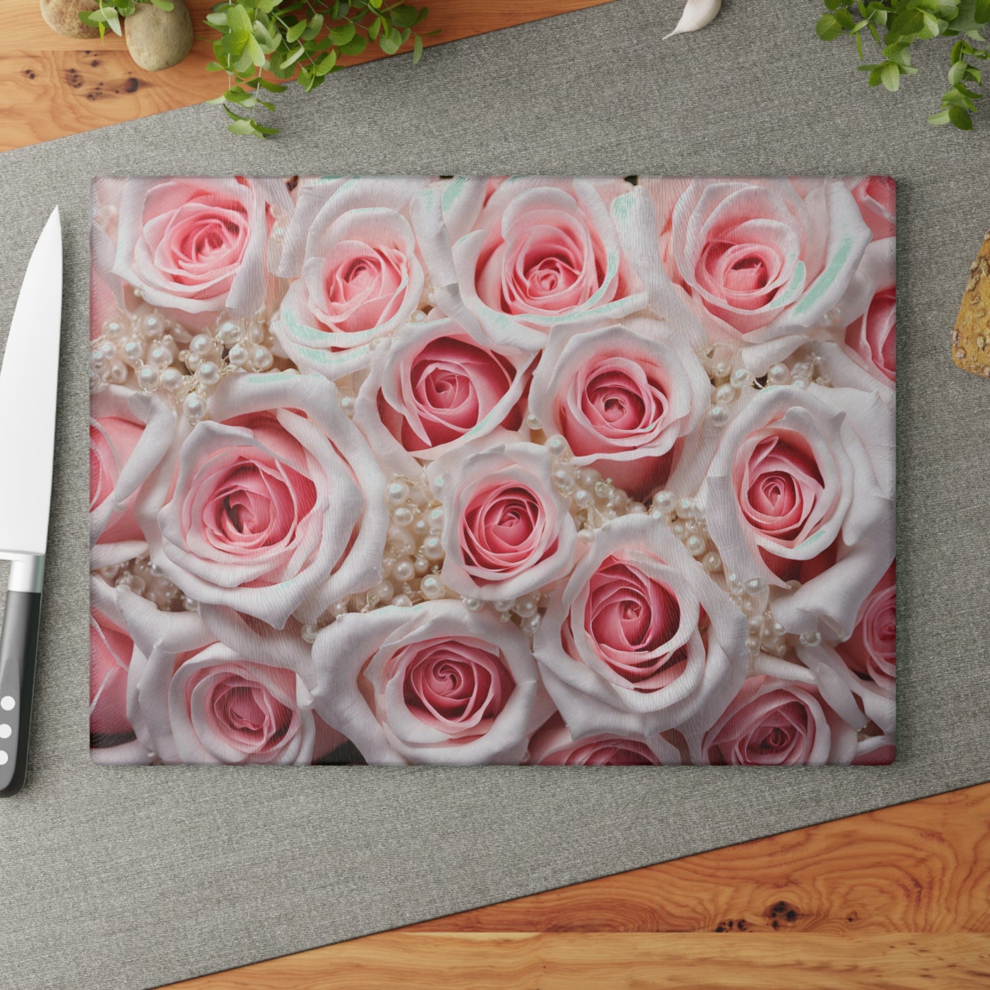 Kitchen Decor Glass Cutting Board Serving Tray with Rose Design Floral Pattern Cutting Board Gift for Home Cook Charcuterie Board