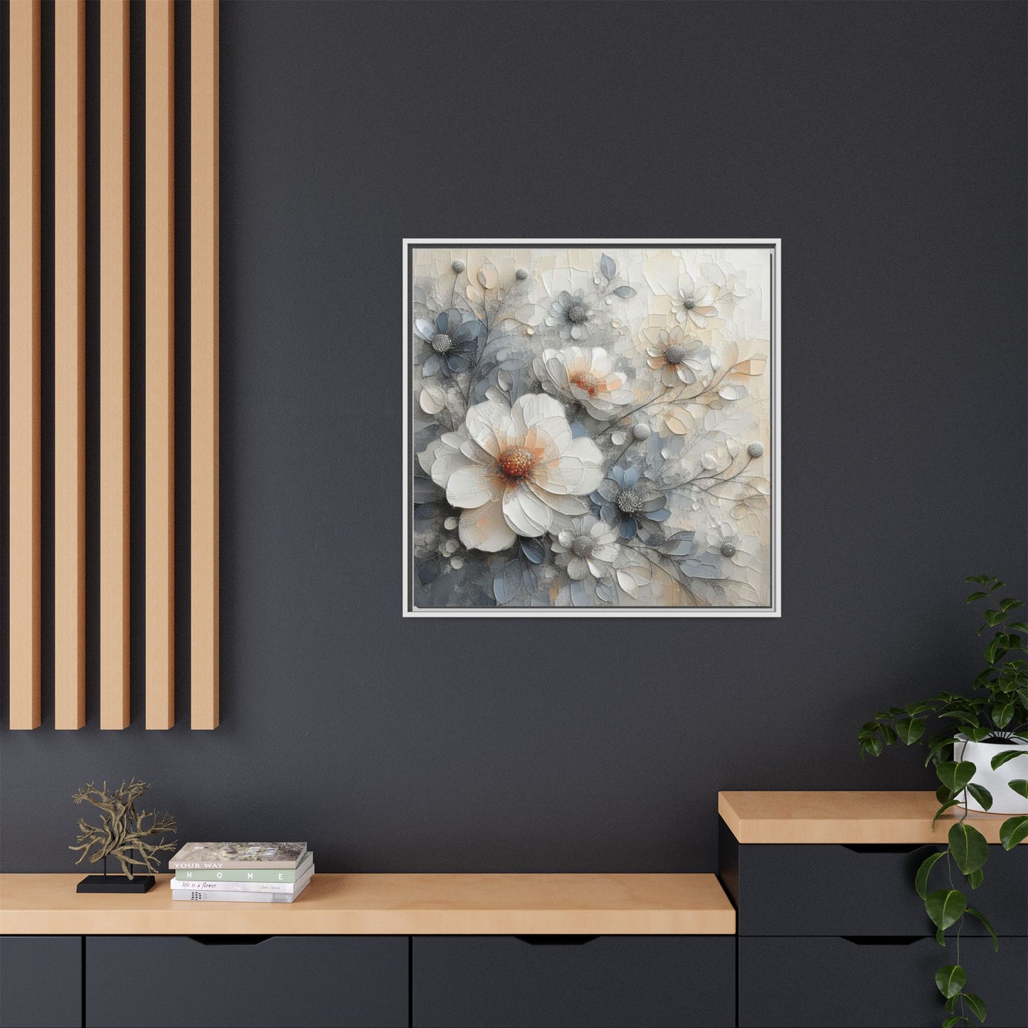 Modern Grey and White Floral Design Unique Framed Canvas Wall Art Flower Lover Gift Nature Lover Gift 3 frame colors