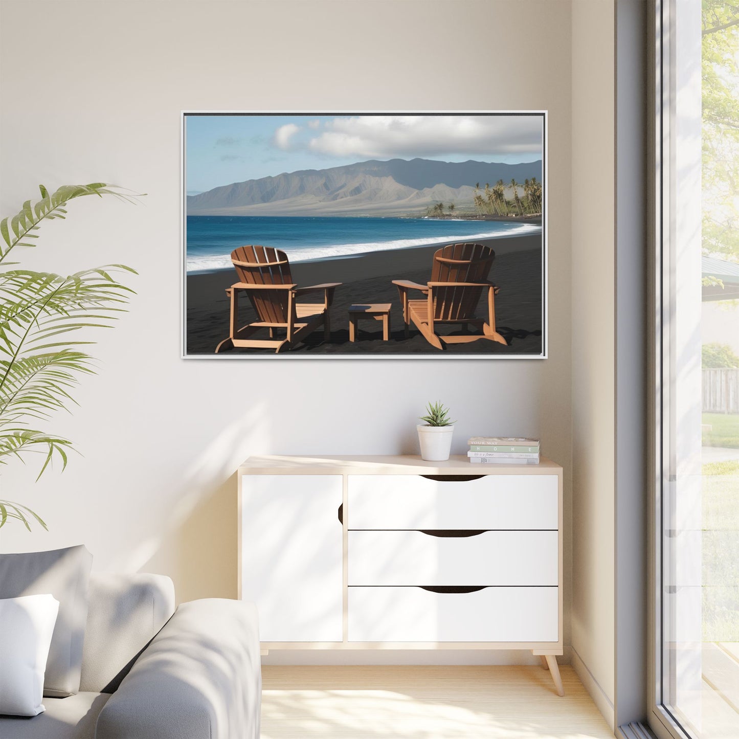 Chairs on the Maui Black Sand Beach Print Unique Framed Canvas Print Wall Art Gift Beachy Nature Lover Ocean Waves Decor 3 frame colors