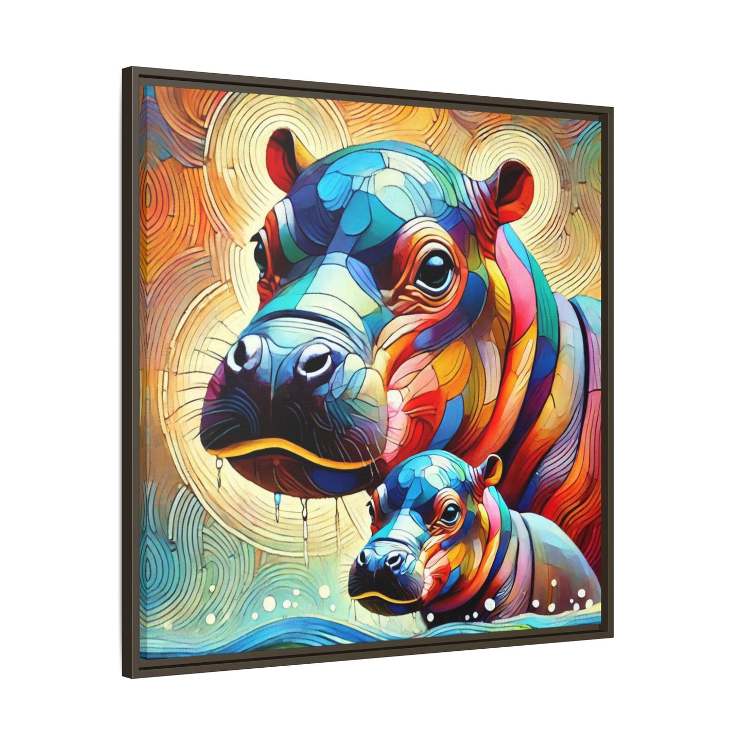 Modern Hippo Print Abstract Design Unique Framed Canvas Print Baby Hippo Wall Art Animal Lover Gift Nature Lover Decor 3 frame colors