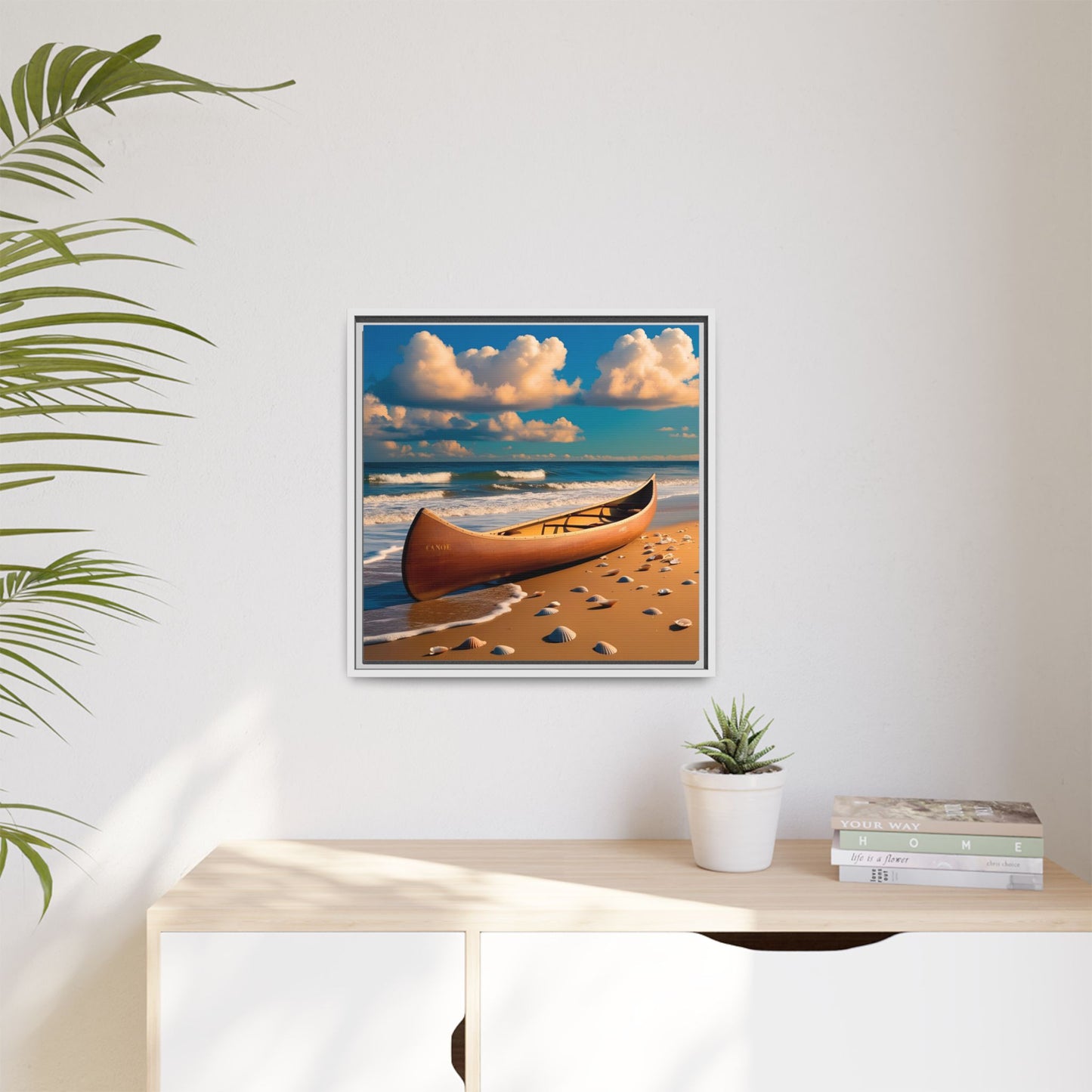 Canoe on the Beach Calm Sunny Day Framed Canvas Wall Art Beach Lover Vacation Oceanic Gift Nature Lover Peaceful Zen Gift 3 frame colors