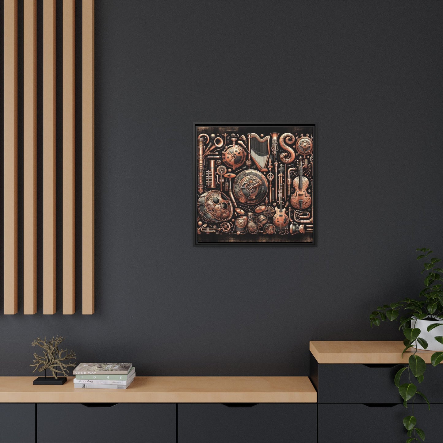 Modern Music-Themed Steampunk Style Print Abstract Design Unique Framed Canvas Print Wall Art Music Lover Gift Decor 3 frame colors