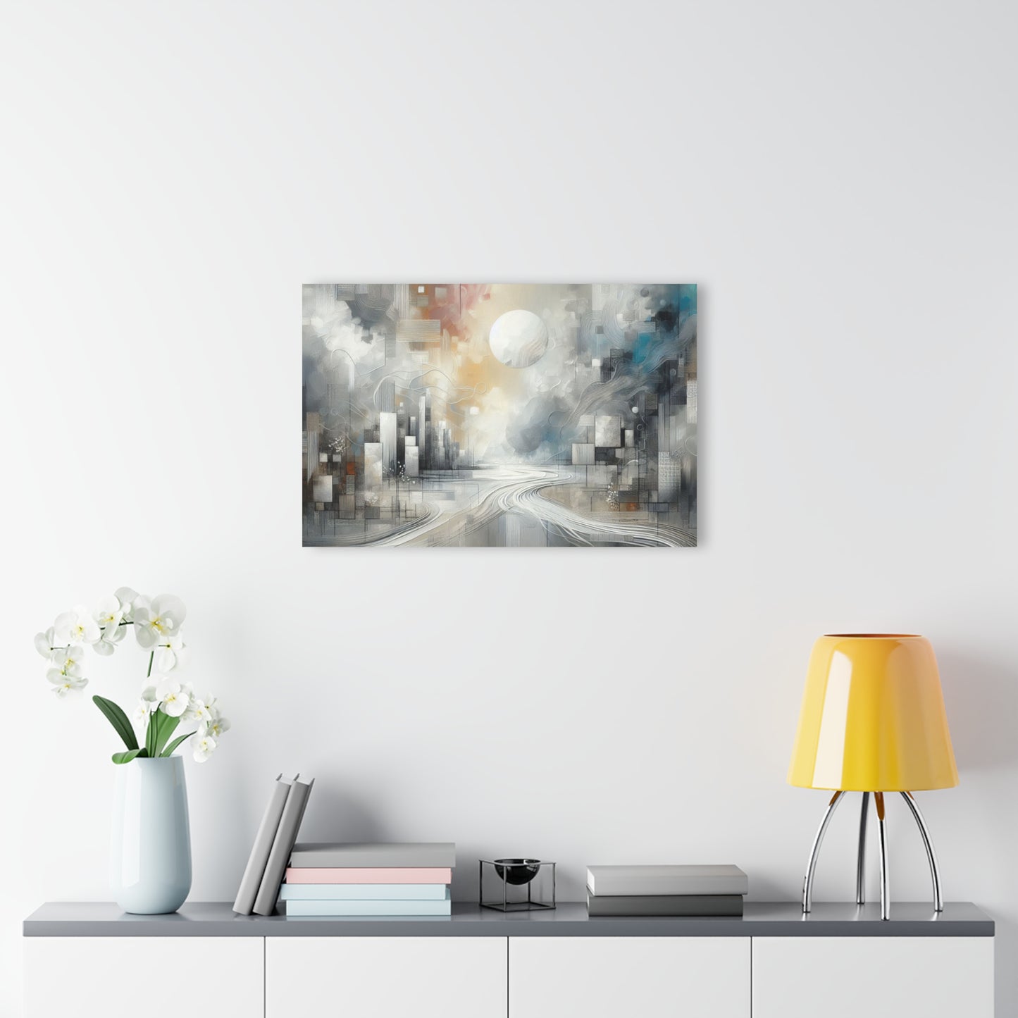 Abstract Modern Art Design Acrylic Print with Full Moon Downtown Art White Cityscape Nature Wall Art Relaxing Contemporary Artwork