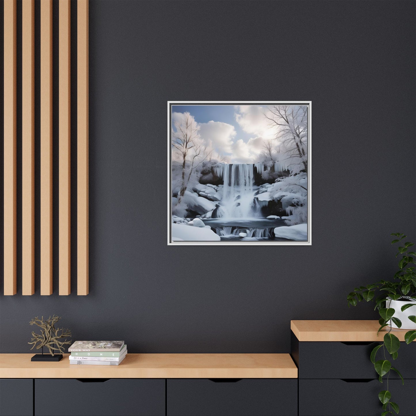 Modern Snowy Waterfall Design Unique Framed Canvas Wall Art Winter Scene Nature Lover Gift Mountain Landscape Decor Gift 3 frame colors