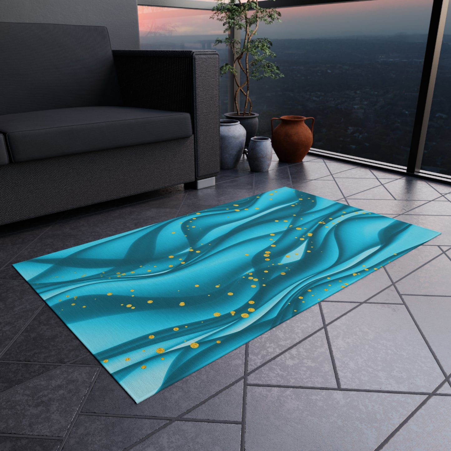 Wavy Design Chenille Outdoor Rug with No-Skid Backing Cozy Outdoor Carpet Patio Decor Gazebo Rug Beachy Tropical Pool Area Oceanic Decor