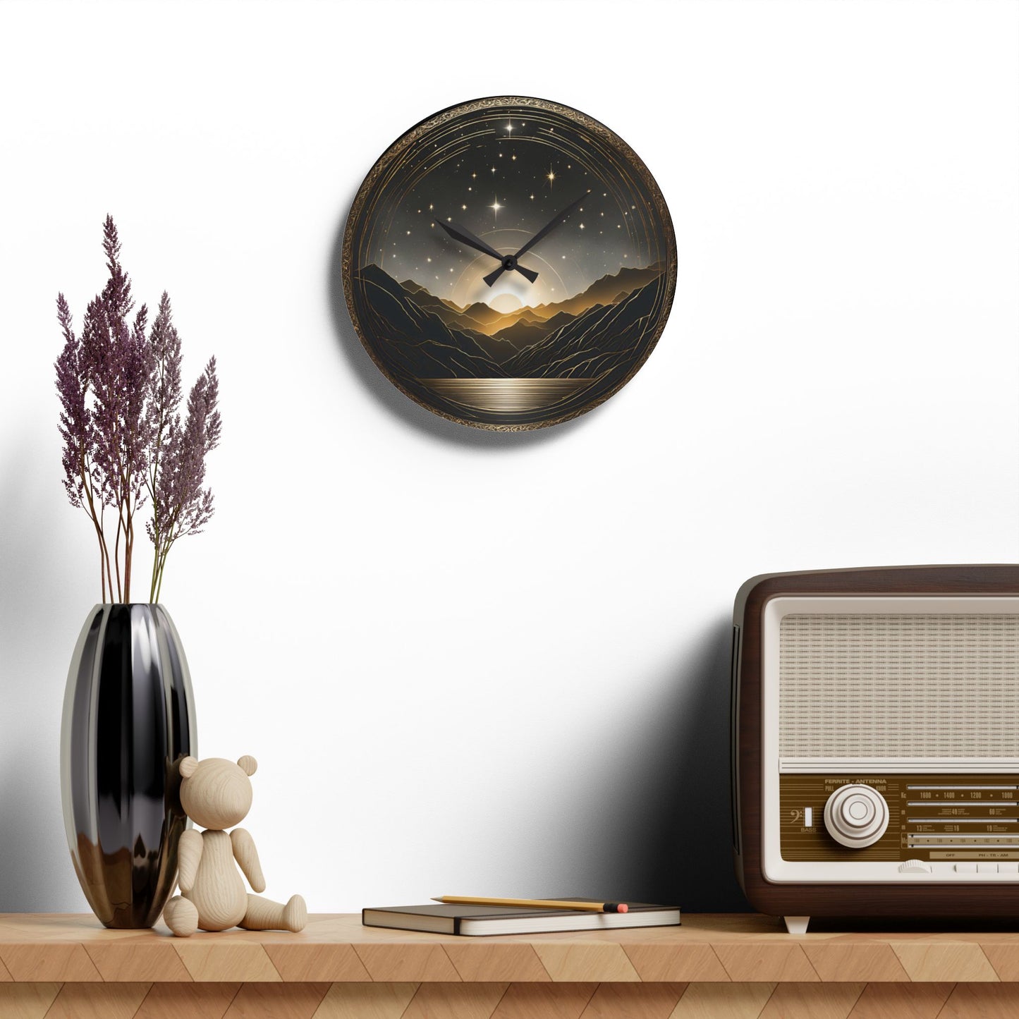 Boho Celestial Design Acrylic Office Clock Unique Colorful Wall Clock for Kitchen or Living Room Sun and Stars Astrological Gift
