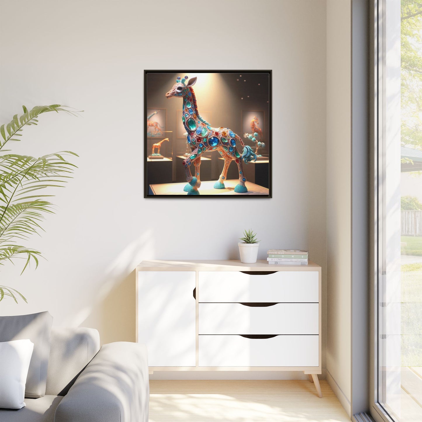 Bejeweled Giraffe Framed Canvas Print Wall Art Unique Fashion Designer Haute Couture Fashionista Animal Lover Gift Decor 3 Frame Colors