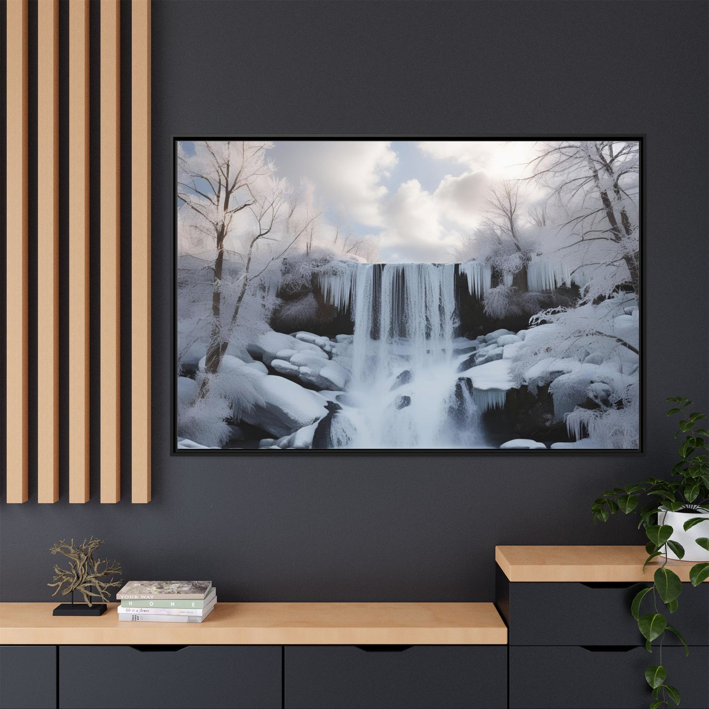 Modern Snowy Waterfall Design Unique Framed Canvas Wall Art Winter Scene Nature Lover Gift Mountain Landscape Decor Gift 3 frame colors
