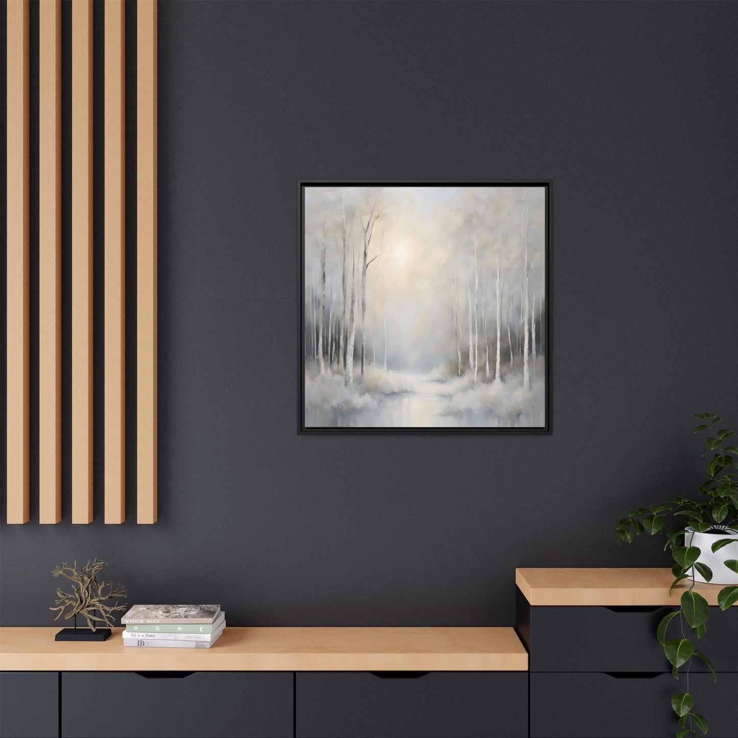 Modern Abstract White Forest Design Unique Framed Canvas Wall Art Ocean Beach Gift Nature Lover Gift 3 frame colors