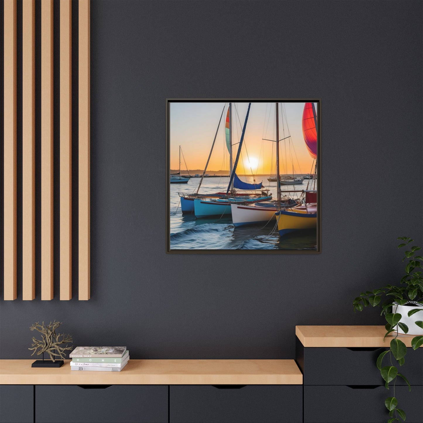 Sailboats at Sunset in Harbor Framed Canvas Wall Art Beach Lover Vacation Oceanic Gift Nature Lover Peaceful Zen Sunrise Art 3 frame colors