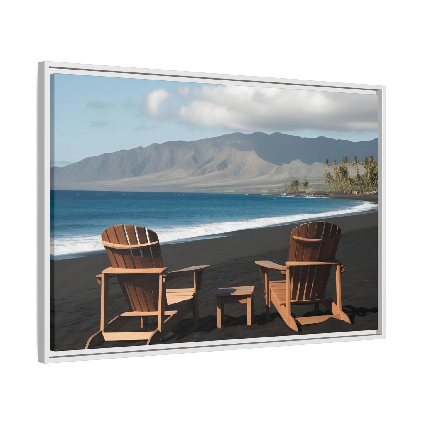 Chairs on the Maui Black Sand Beach Print Unique Framed Canvas Print Wall Art Gift Beachy Nature Lover Ocean Waves Decor 3 frame colors