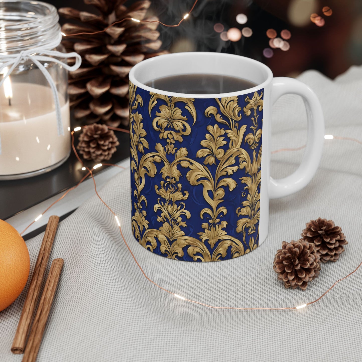 Beautiful Royal Blue and Gold Damask Vintage Tapestry Design Pattern Ceramic Mug, (11oz)