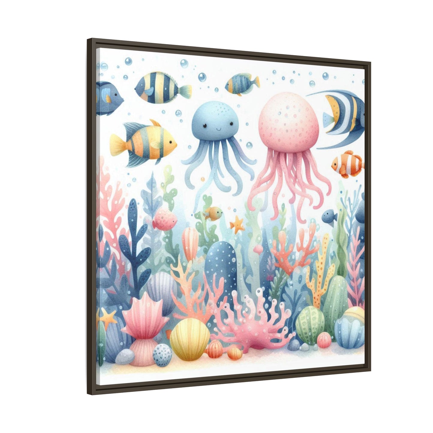 Whimsical Nursery Decor Pastel Underwater Design Unique Sweet Baby Room Framed Canvas Ocean Fish Print Unisex Baby Shower Octopus Gift