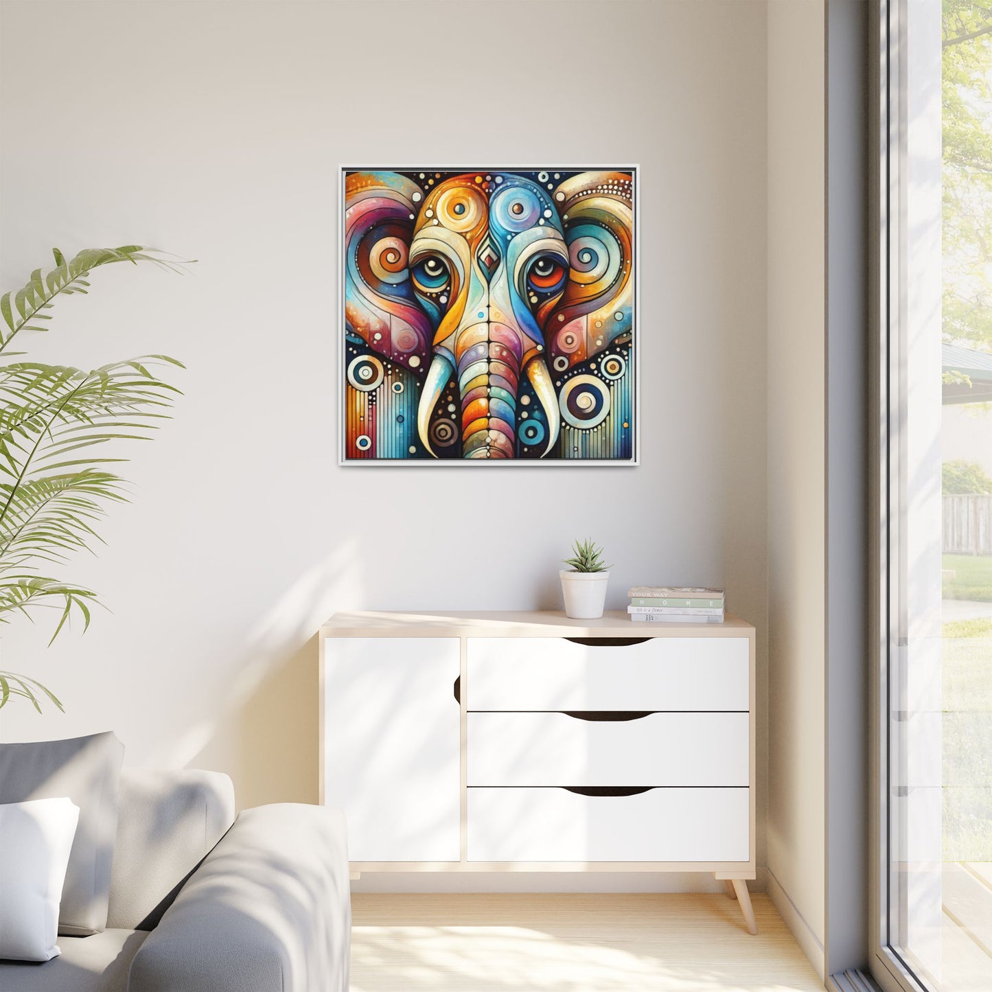 Modern Elephant Face Print Abstract Design Unique Framed Canvas Print African Wall Art Animal Lover Nature Lover Decor 3 frame colors