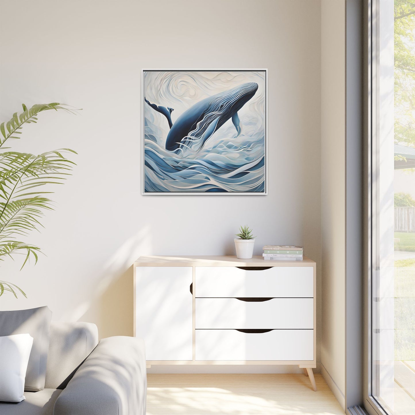 Modern Abstract Whale Wave Design Unique Framed Canvas Wall Art Ocean Beach Gift Nature Lover Gift Underwater Sea Lover Gift 3 frame colors