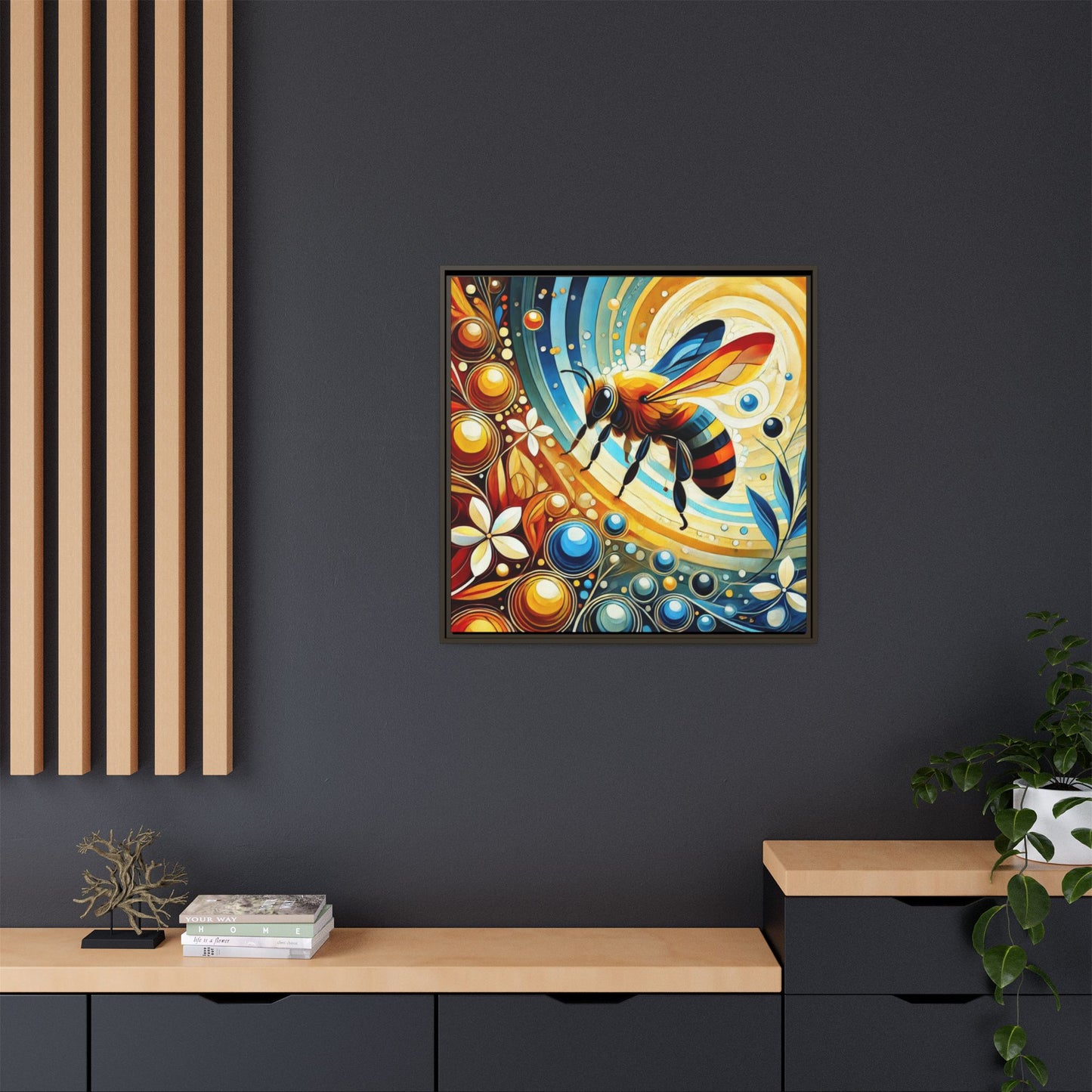Modern Bee Print Abstract Design Unique Framed Canvas Print Insect Lover Wall Art Animal Lover Nature Lover Decor 3 frame colors