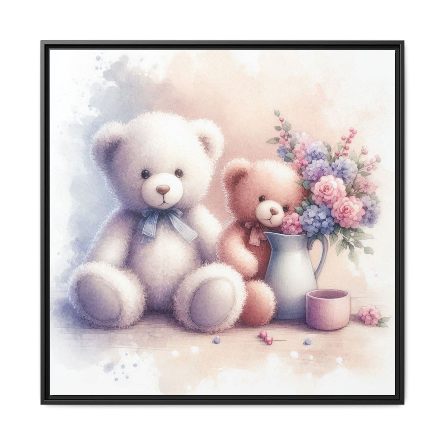 Whimsical Nursery Decor Pastel Floral Teddy Bear Design Wall Art Unique Sweet Baby Room Framed Canvas Print Unisex Baby Shower Gift