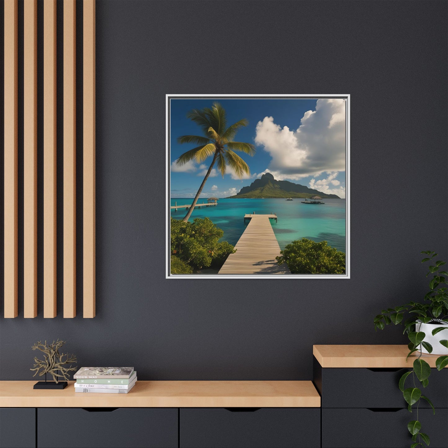 Tropical Island Calm Sunny Day Framed Canvas Wall Art Volcano Beach Vacation Oceanic Gift Nature Lover Peaceful Zen Gift 3 frame colors