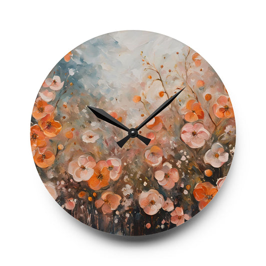 Floral Design Acrylic Clock Unique Colorful Wall Clock for Kitchen or Living Room Nature Lover Field of Flowers Gardener Gift