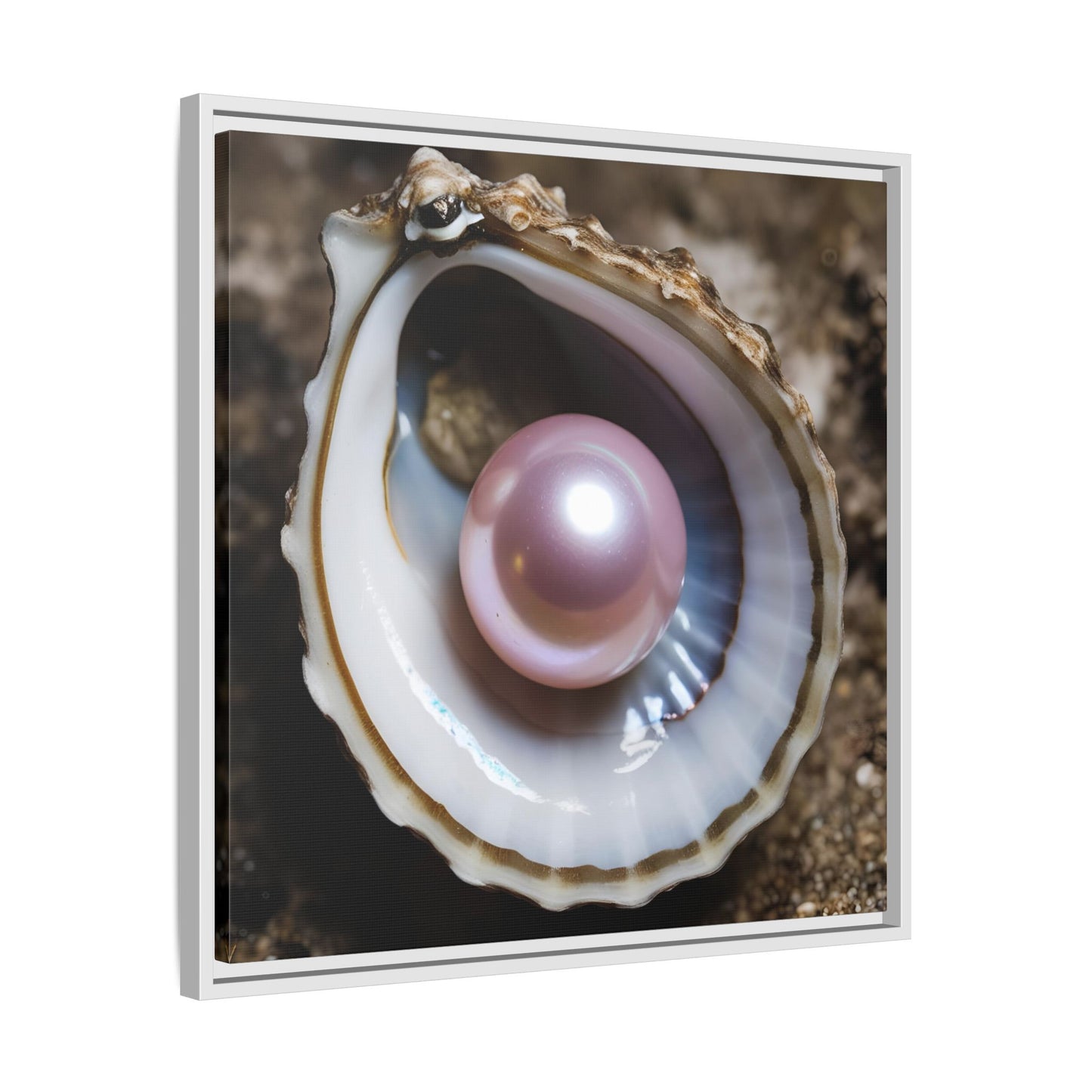 Pink Pearl in Oyster Shell Framed Canvas Wall Art Beach Lover Vacation Oceanic Gift Nature Lover Peaceful Zen Gift 3 frame colors