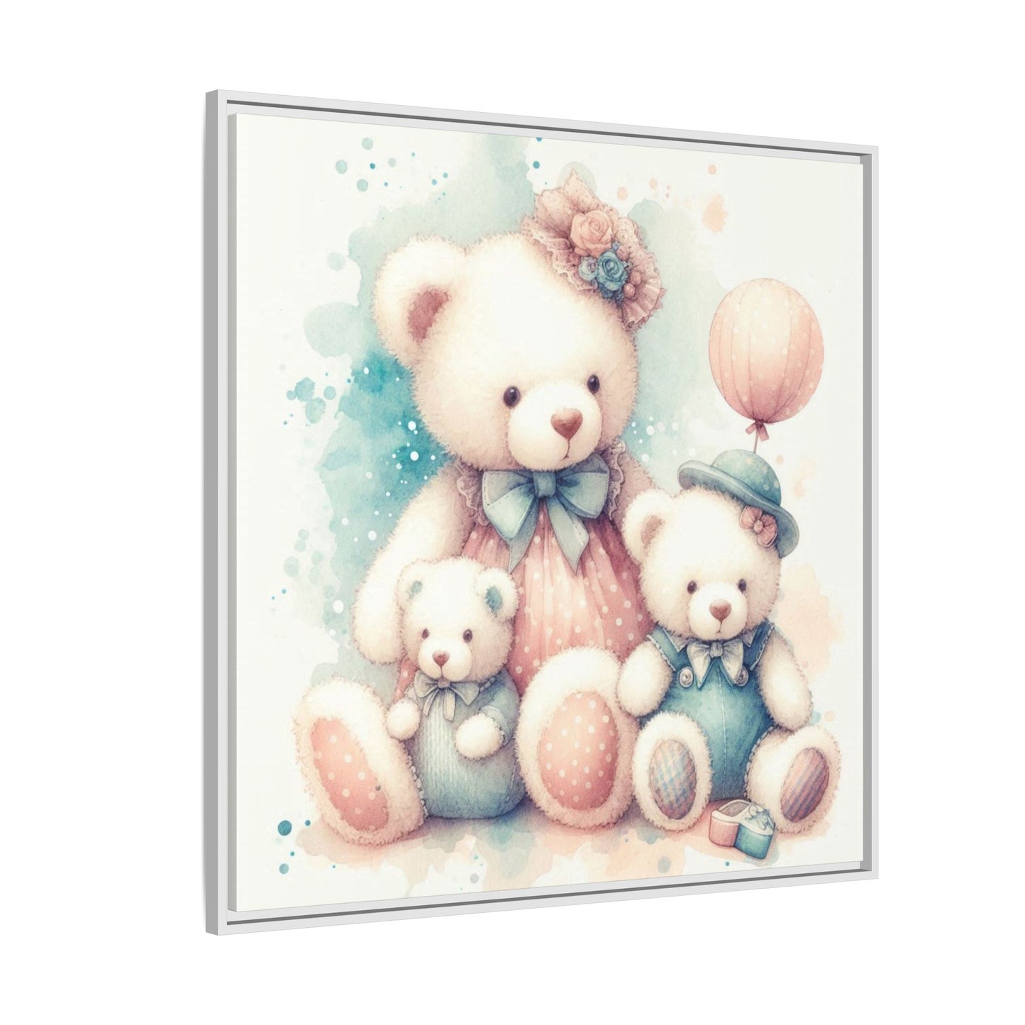 Whimsical Nursery Decor Pastel Floral Teddy Bear Design Wall Art Unique Sweet Baby Room Framed Canvas Print Unisex Baby Shower Gift