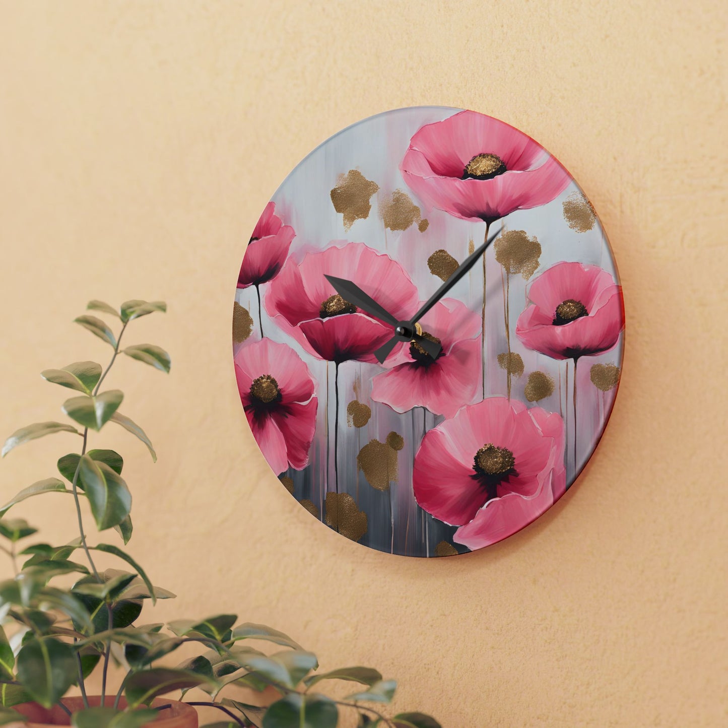 Floral Design Acrylic Clock Unique Colorful Wall Clock for Kitchen or Living Room Nature Lover Field of Flowers Gardener Gift