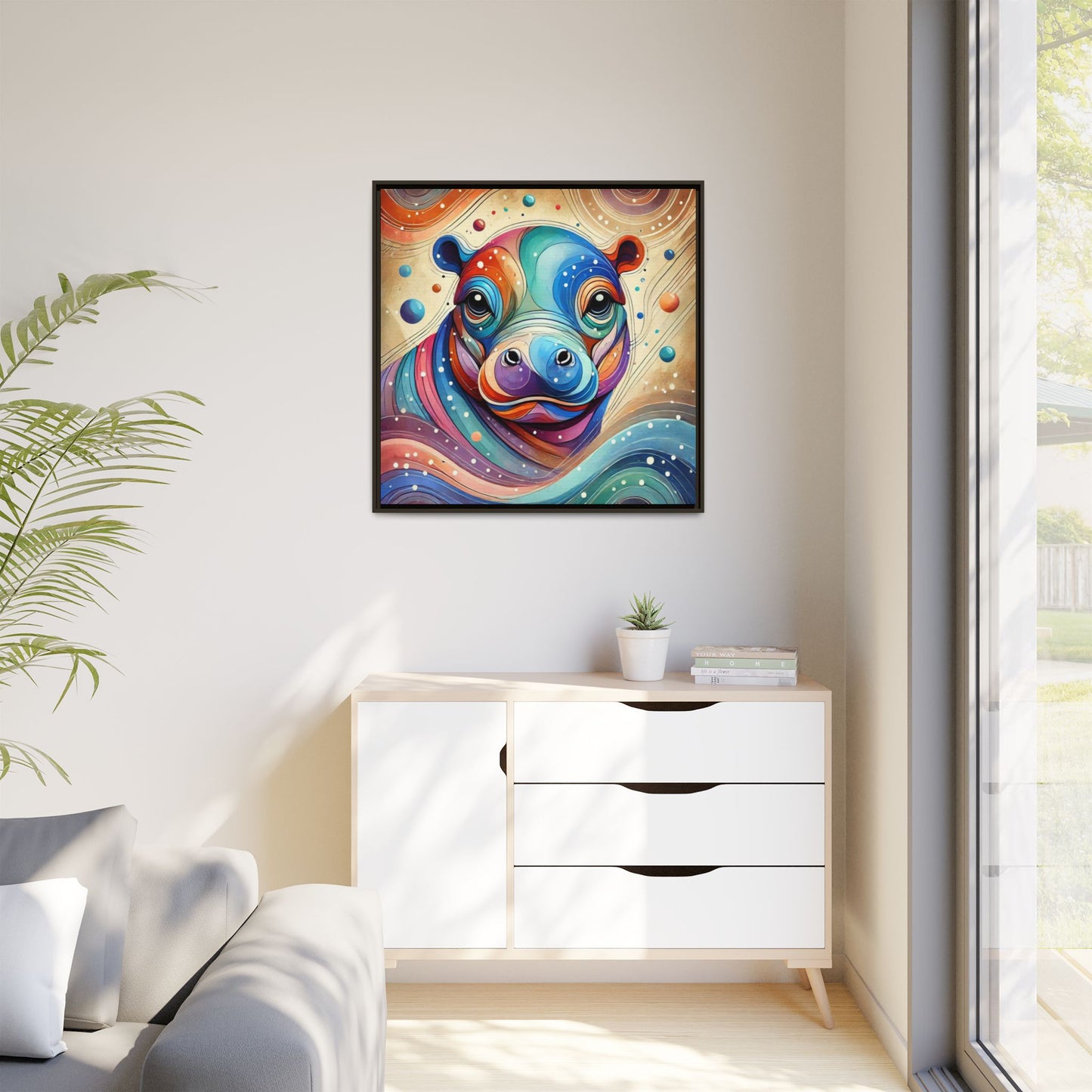 Modern Hippo Print Abstract Design Unique Framed Canvas Print Baby Hippo Wall Art Animal Lover Gift Nature Lover Decor 3 frame colors